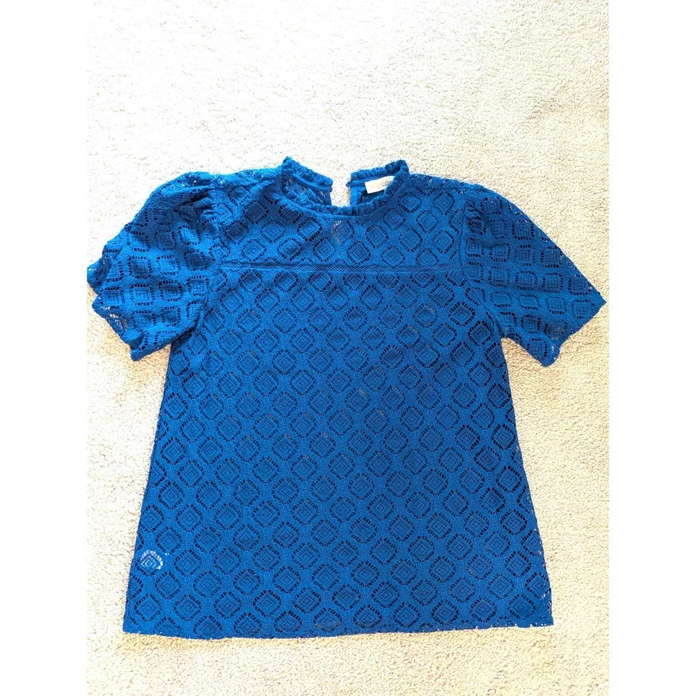 LOFT Royal Blue Geometric Lace Mock Neck Ruffle Trim Short Sleeve Blouse Small